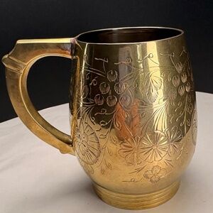 Vintage Indian Floral Hand-Etched Solid Brass Tankard/Mug 4.5" x 2.75"